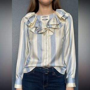 J. Crew collection silk ruffle blouse Blue and Cream